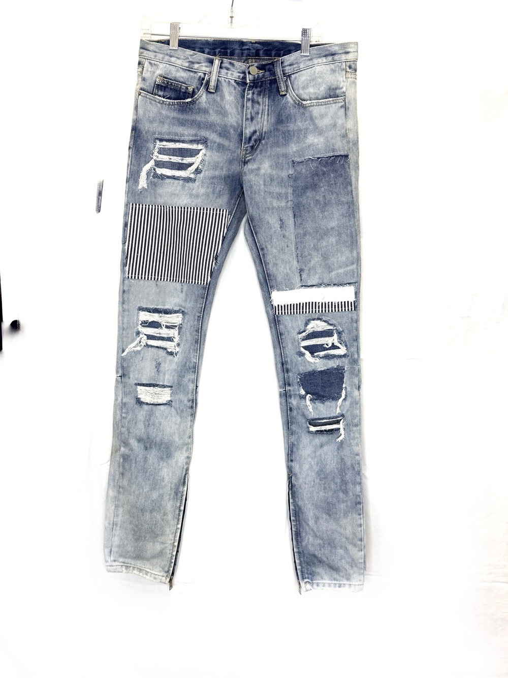 EUC-MNML M74 Light Blue Skinny Slim  Distressed Ripped Patchwork Jeans Size 31